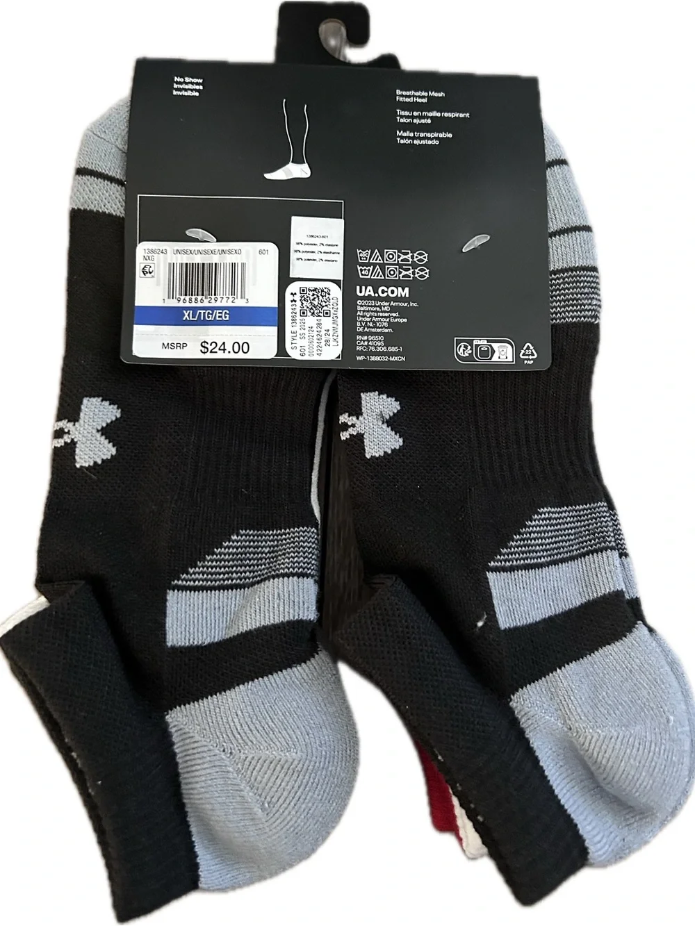 Under Armour Men's Red/White/Black Performance Tech No-Show Socks - Pack of 6